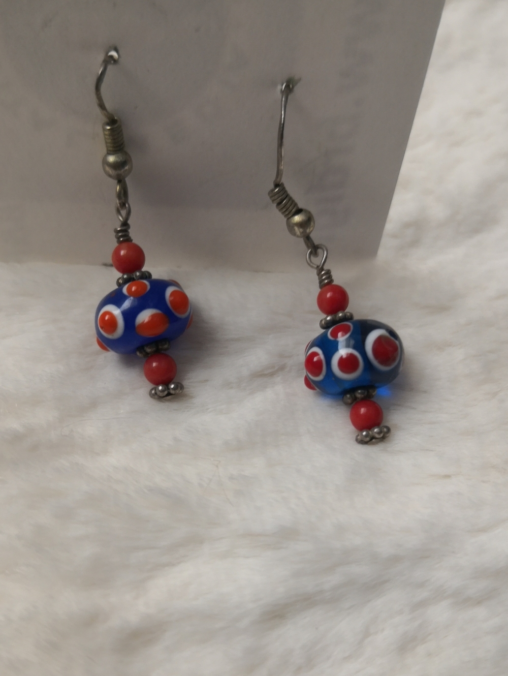 Handmade Blue and Red Glass Bead Drop Earrings